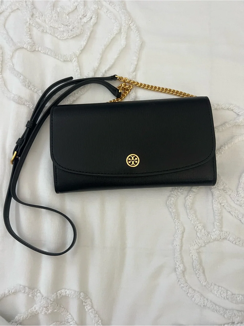 Tory Burch Black Leather Crossbody Wallet with Gold Hardware